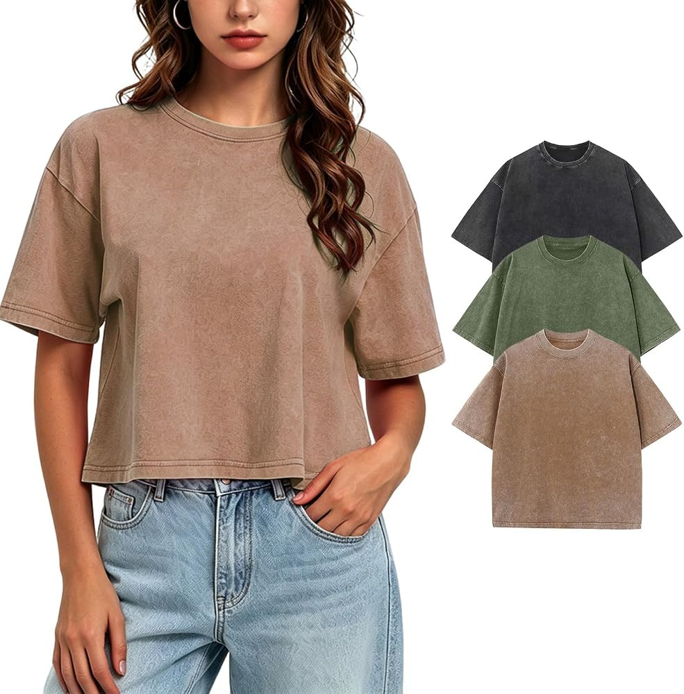 Women's Oversized Cropped Tshirts Acid Wash Baggy Crop Tops Vintage Tees | Amazon (US)