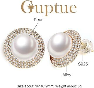 Guptue S925 Silver needles Pearl button stud earrings cultured freshwater pearl Cubic zirconia st... | Amazon (US)