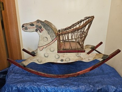 RARE Antique Victorian ROCKING HORSE Wooden Wicker Painted Toy 19th Century 38" | eBay US