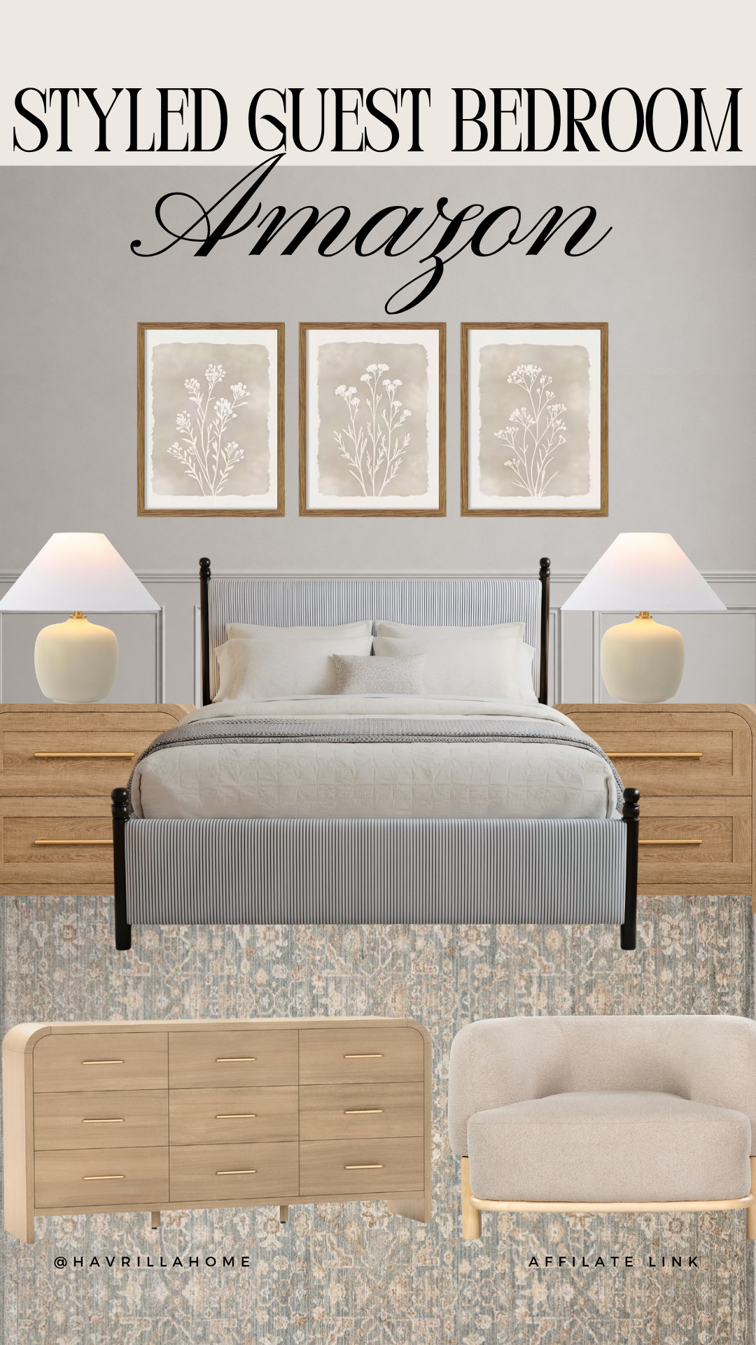 Styled Guest Bedroom, guest bedroom ideas, bedroom inspiration, Amazon bedroom finds, upholstered bed, wood nightstands, neutral bedroom, botanical wall art, area rug, bedroom lighting, ceramic table lamps, modern dresser, accent chair, cozy guest room, classic bedroom decor, bedroom styling, transitional design, home decor inspiration, neutral interiors, bedroom furniture, inviting guest room

#LTKHome