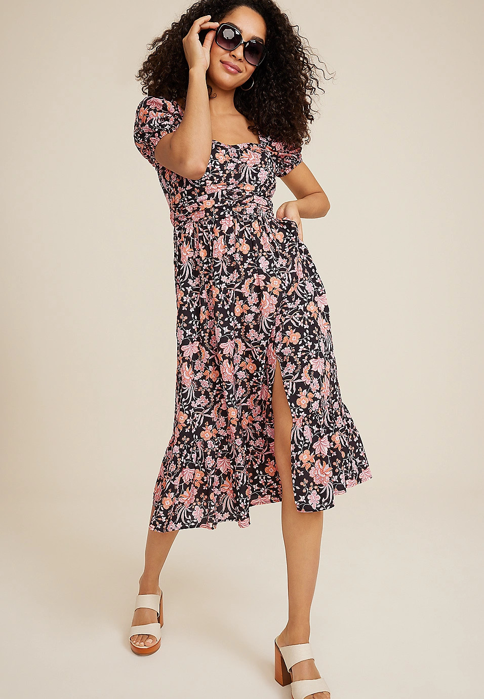 Floral Sweetheart Neck Midi Dress | Maurices