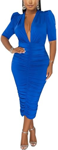 HugeNice Sexy V Neck Ruched Short Sleeve Midi Dresses for Women Elegant Bodycon Club Evening Party Blue Mini Dress | Amazon (US)