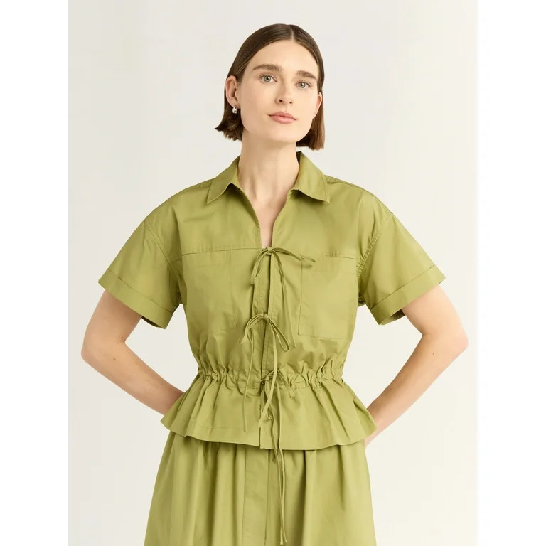 Free Assembly Women's and Women's Plus Bow Front Cotton Utility Shirt with Short Sleeves, XS-4X | Walmart (US)