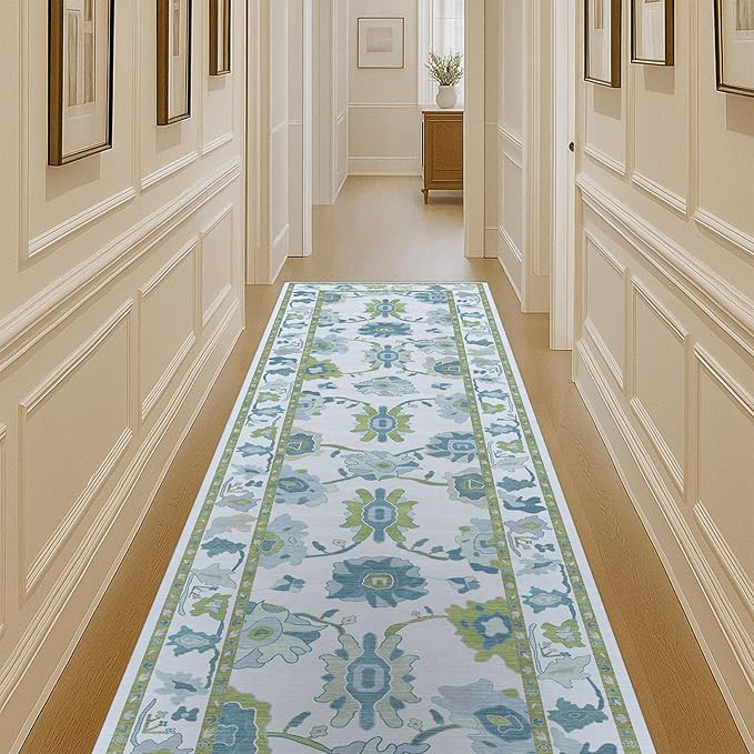 Fame Living Green Oushak Runner Rug, Modern Runners, Vintage, Turkish, Eclectic, Floral, Pastel, ... | Amazon (US)