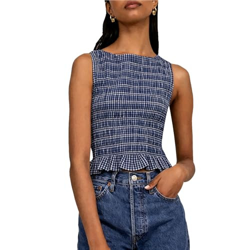 Women Shirred Tank Top Ruffle Sleeveless Tanks Frill Pleated Halter Cami Tops Summer Streetwear, Navy White, Medium | Amazon (US)