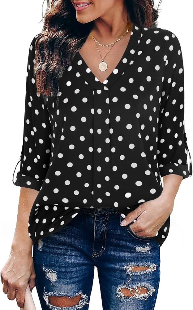 Youtalia Womens Blouses Dressy Casual Business Tops 3/4 Sleeve Chiffon V Neck Work Office Shirts | Amazon (US)