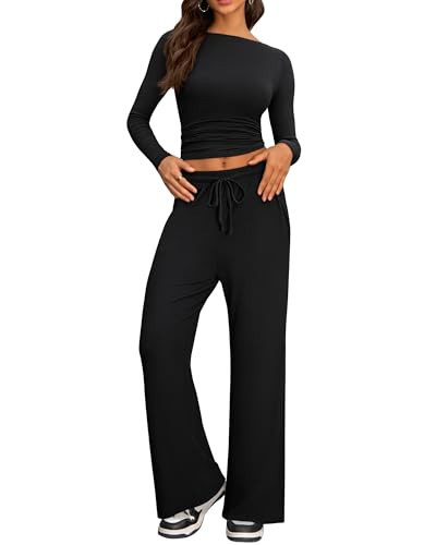 Cozy 2 Piece Lounge Sets for Women, Side Ruched Long Sleeve Top & Wide Leg Pants Casual Matching Tracksuit for Home & Travel (Black, M) | Amazon (US)