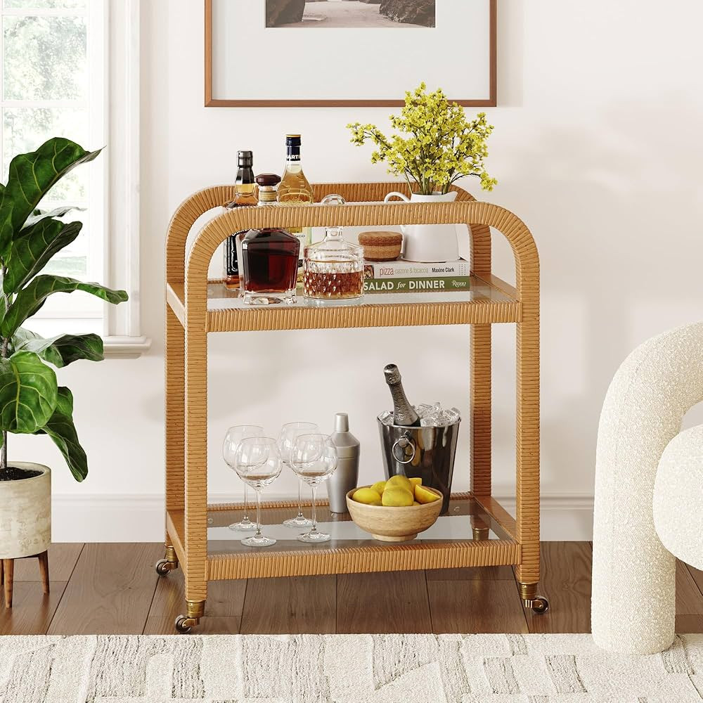 Nathan James Tanner Wood Bar Cart, Rattan Bar Cart with Wheels and Glass Rack, Boho Wicker Servin... | Amazon (US)