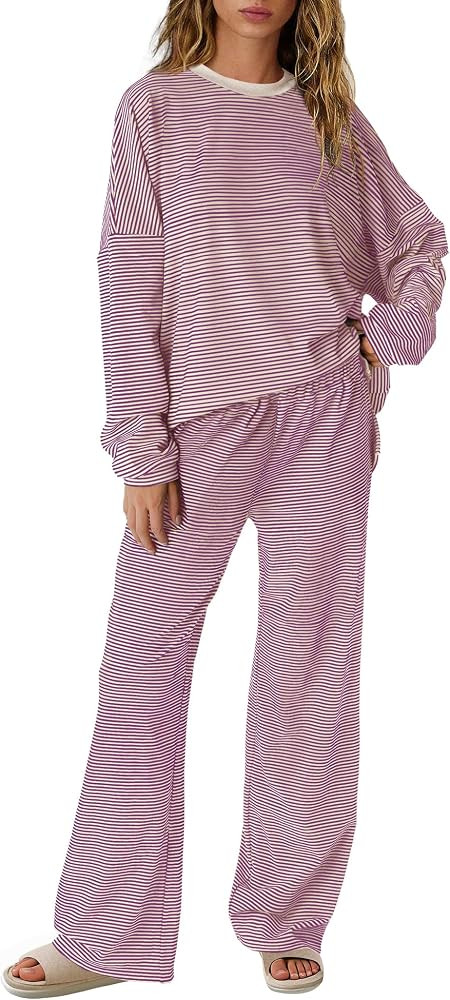 Yanekop Womens Striped Lounge Set Oversized Comfy Pajama Sets | Amazon (US)