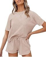 ZESICA Women's Waffle Knit Long Sleeve Top and Shorts Pullover Nightwear Lounge Pajama Set with P... | Amazon (US)