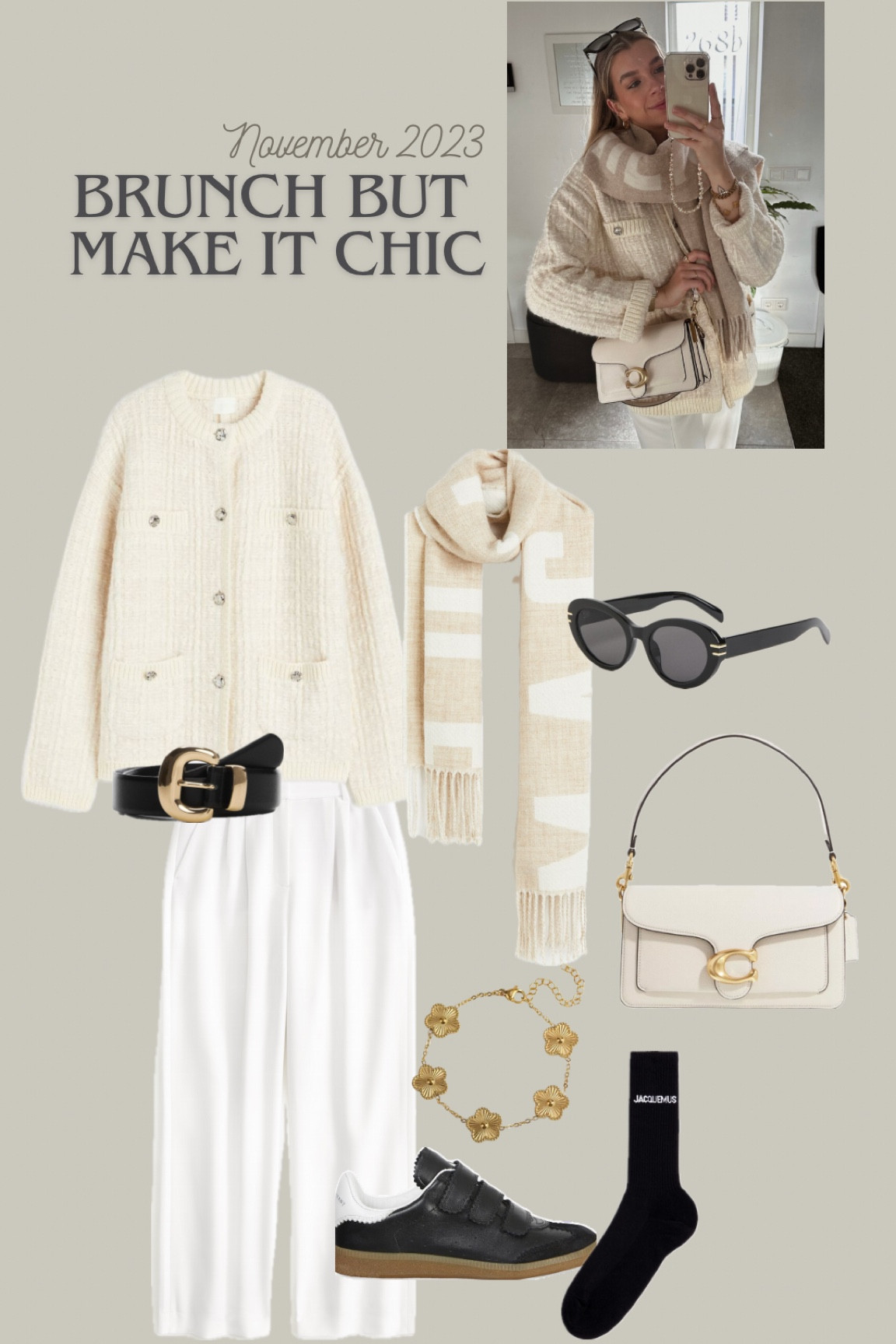 Neutral tones for autumn 🤍
Neutral style, beige outfit, vanilla aesthetic, Jacquemus scarf, H&M cardigan, cardigan outfit, wide leg trousers, wide leg, white pantalon, Isabel Marant shoes, Coach Tabby 26, Coach Tabby bag, golden details, golden jewellery 

#LTKstyletip #LTKeurope #LTKCyberSaleNL