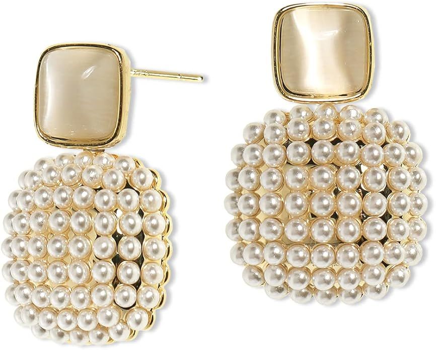 Sonateomber Gold Pearl Dangle Earrings for Women Big Statement Chunky Geometric Drop Dangly earri... | Amazon (US)