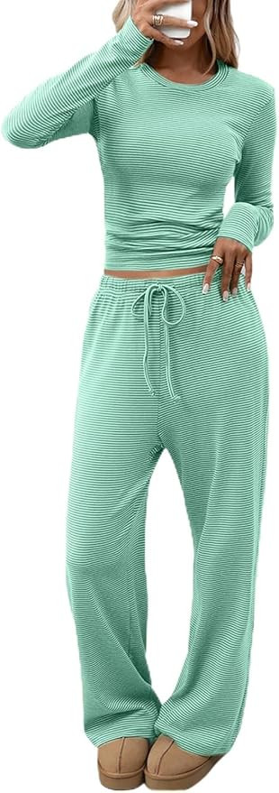 CHYRII Womens Two Piece Sets Fall Fashion Striped Long Sleeve Tops Wide Leg Palazzo Pants Outfits... | Amazon (US)