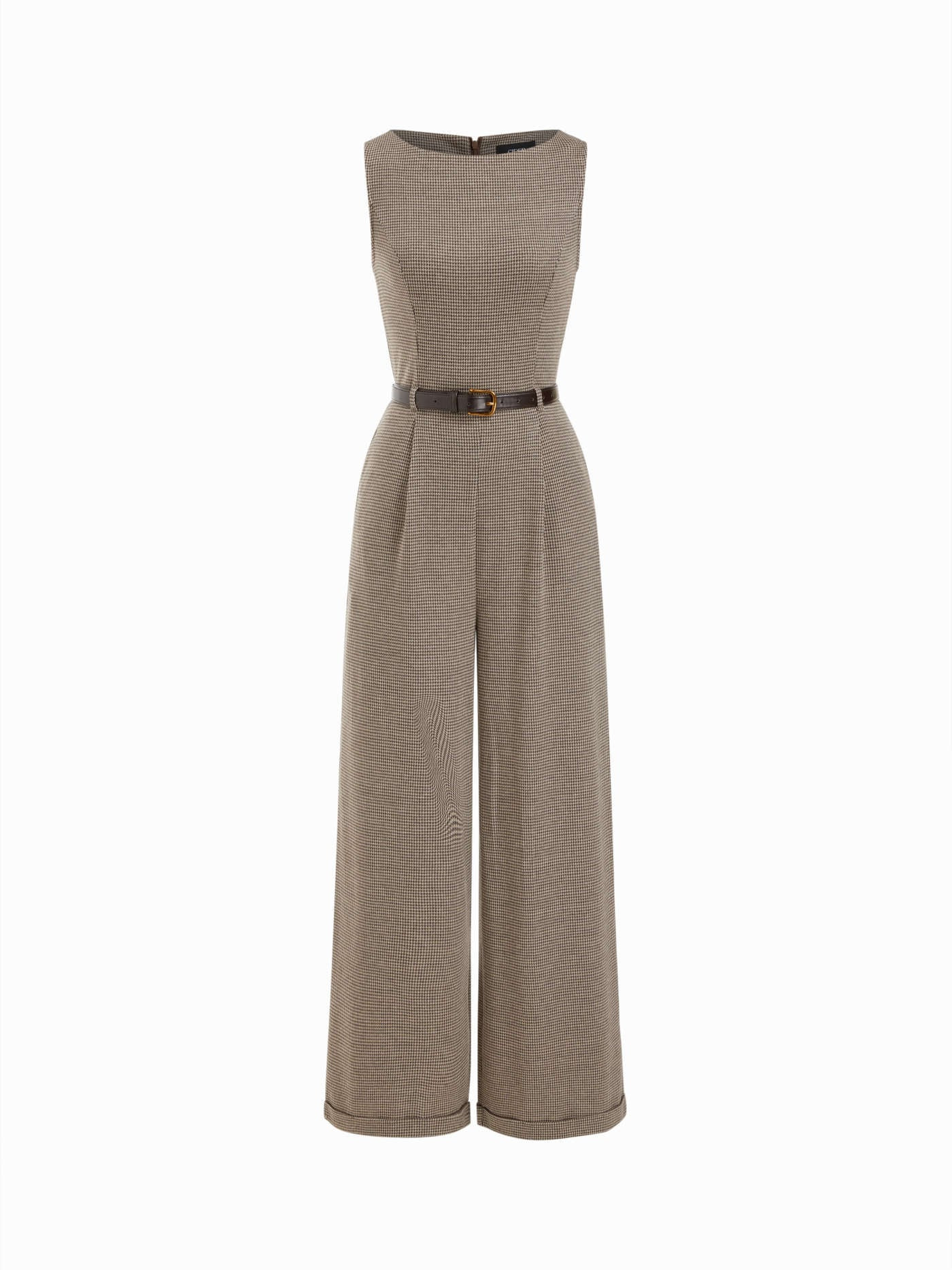 Knit Fabric Houndstooth Boat Neck Zipper Wide Leg Jumpsuit With Belt For Daily Casual Work | Cider