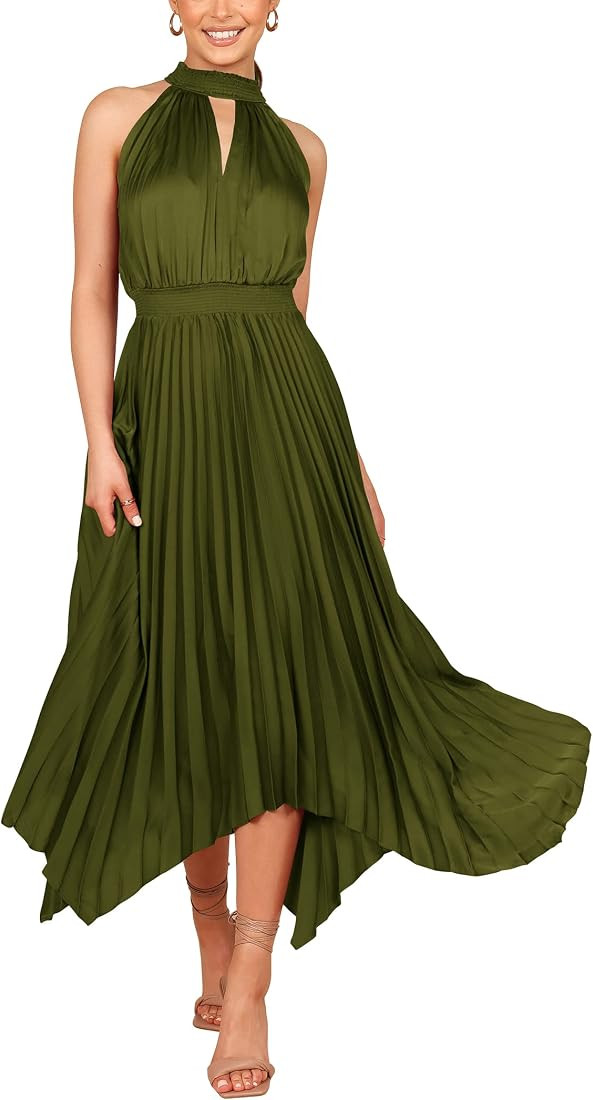 PRETTYGARDEN Summer Dress for Women Elegant Halter Neck Cut Out Irregular Hem Pleated Midi A-Line... | Amazon (US)