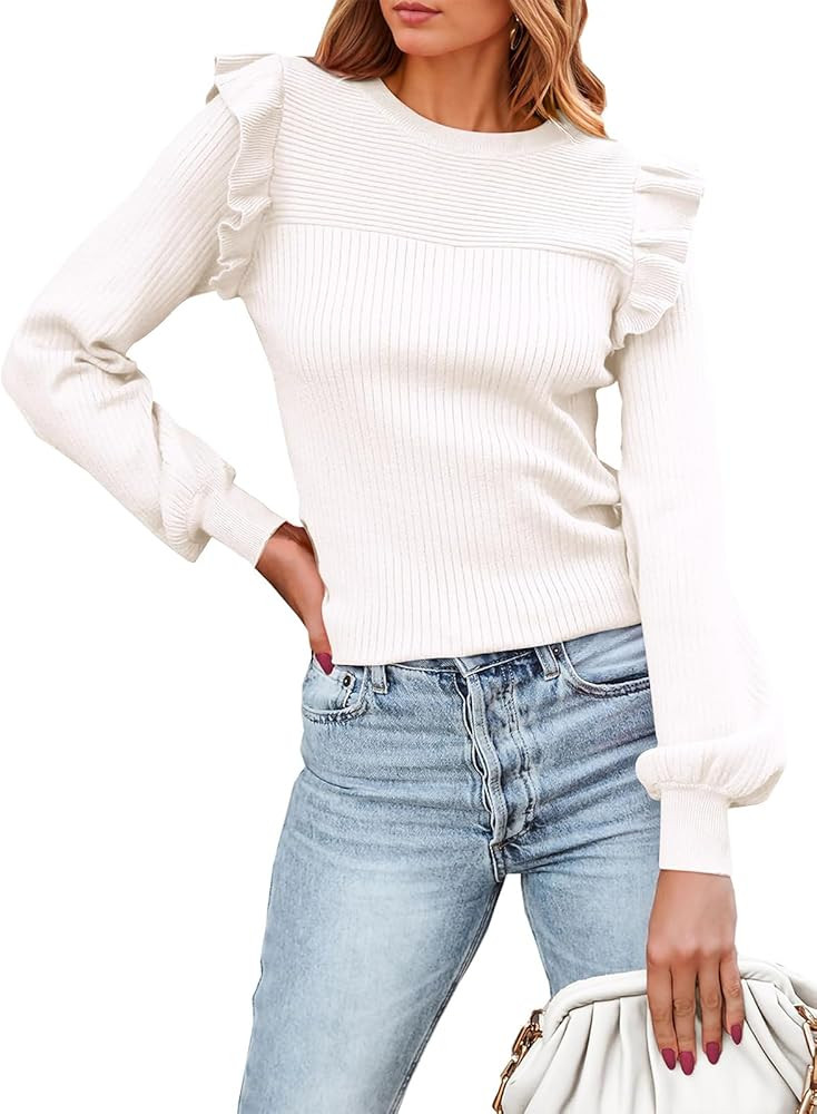 PRETTYGARDEN Women's Ruffle Long Sleeve Sweaters Crew Neck Lightweight Sweater 2025 Fall Trendy R... | Amazon (US)