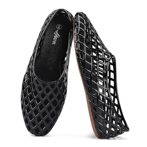 HEVA Women's Jelly Mesh Flats Breathable Clear Hollow Shoes Summer Beach Jellies Ballet Sandals(6 M US Black) | Amazon (US)