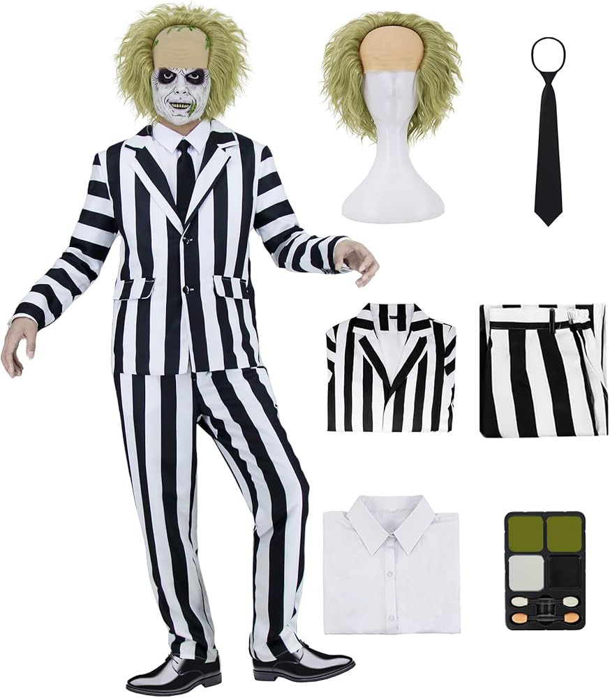 Adult Scary Halloween Costumes Black and White Striped Suit Horror Comedy Cosplay Outfit Set with... | Amazon (US)