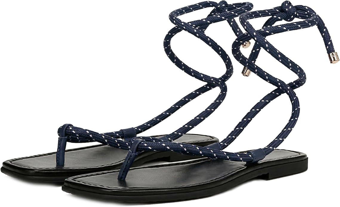 Rope Flat Sandals for Women Strappy Lace Up Square Open Toe Thong Sandals Comfortable Summer Beac... | Amazon (US)
