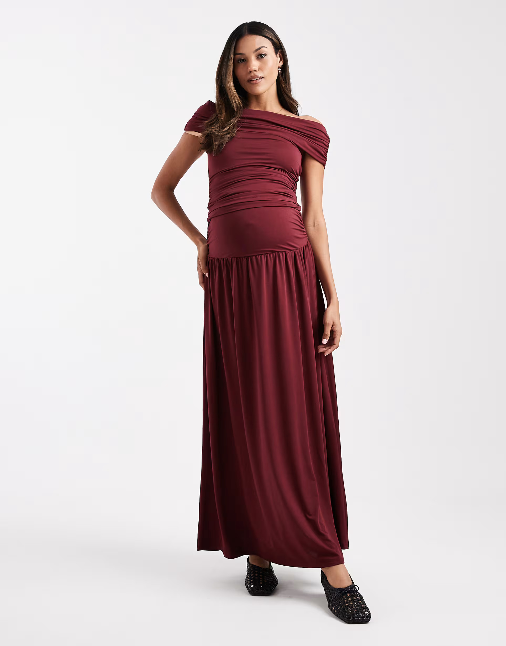 ASOS DESIGN Maternity ruched bardot top in burgundy - part of a set | ASOS (Global)