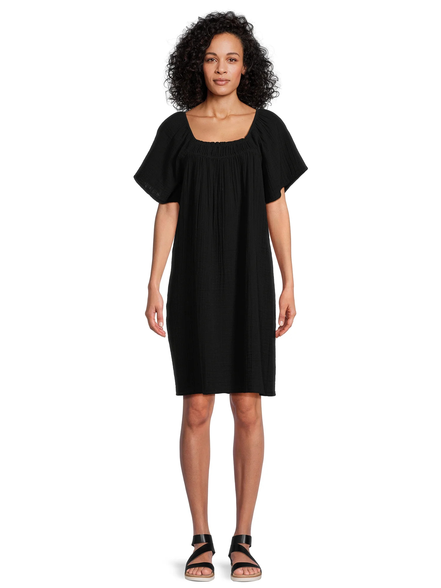 Time and True Short Sleeve Mini Double Cloth Dress | Walmart (US)