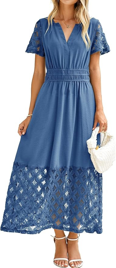 Simplee Womens 2025 Summer Boho Maxi Dress V Neck Empire Waist Long Flowy Dresses with Pockets | Amazon (US)