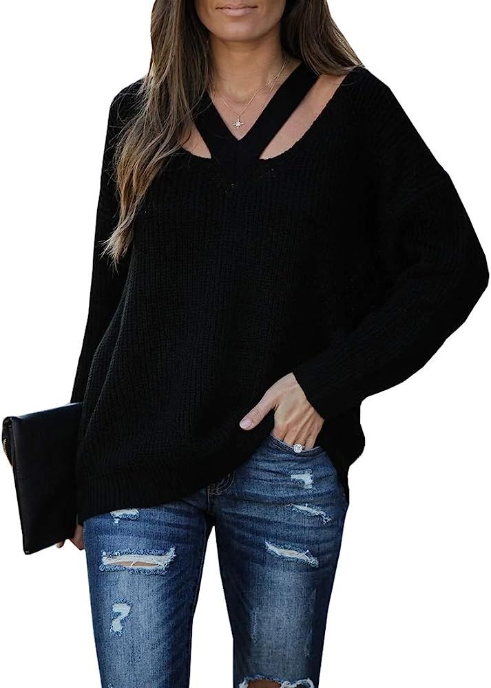 Aurgelmir Women Oversized Sweater Long Sleeve Cut Out V Neck Sweaters Knitted Pullover Jumper Top | Amazon (US)