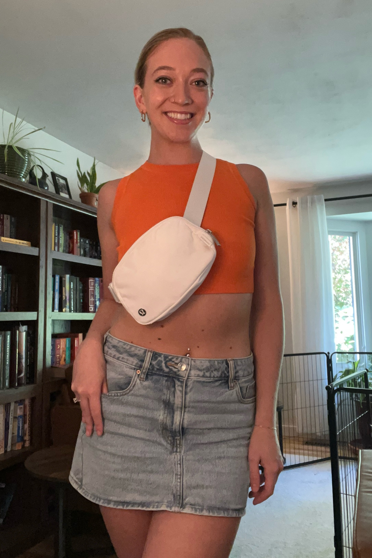 Fun summer outfit ☀️ Check out the Nordstrom sale for this denim skirt and similar orange tops! Crossbody bag is the belt bag from lululemon, and earrings are from Amazon :) 

#LTKxNSale #LTKSummerSales #LTKSaleAlert
