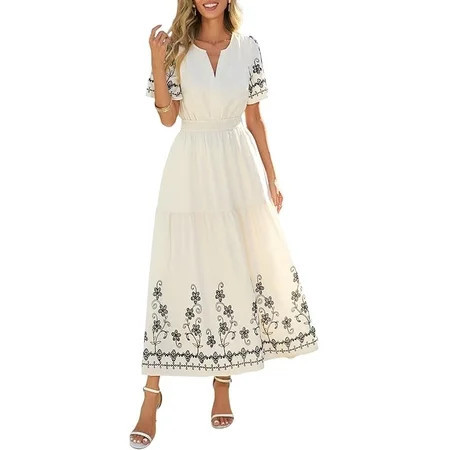 PRETTYGARDEN Women's Summer Boho Maxi Dress Spring Floral Short Sleeve V Neck A Line Flowy Beach Wedding Guest Dresses | Walmart (US)