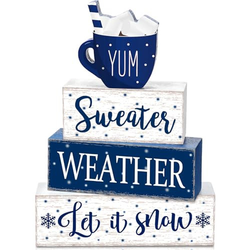 Marsui 4 Pcs Blue Winter Table Decorations Wooden Winter Tiered Tray Decor | Amazon (US)