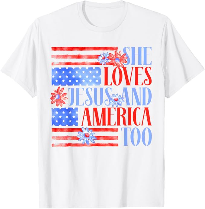 She Loves Jesus and America Too USA Flag Floral 4th Of July T-Shirt | Amazon (US)