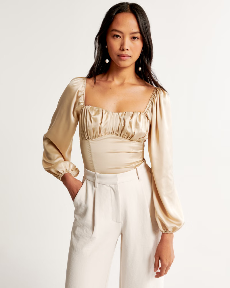 Long-Sleeve Satin Ruched Set Top | Abercrombie & Fitch (US)
