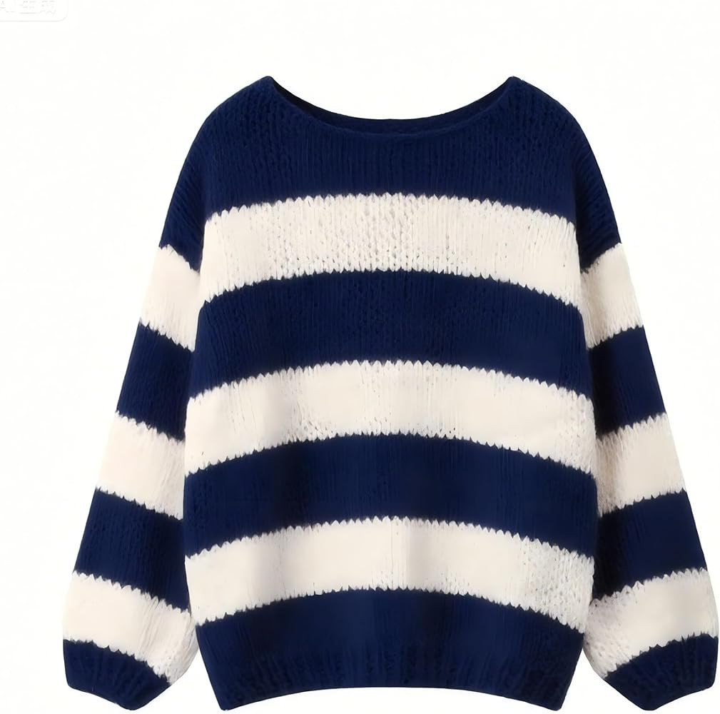 Pinclodly Oversized Sweaters for Women Color Block Striped Sweaters Y2K Crewneck Long Sleeve Knit... | Amazon (US)