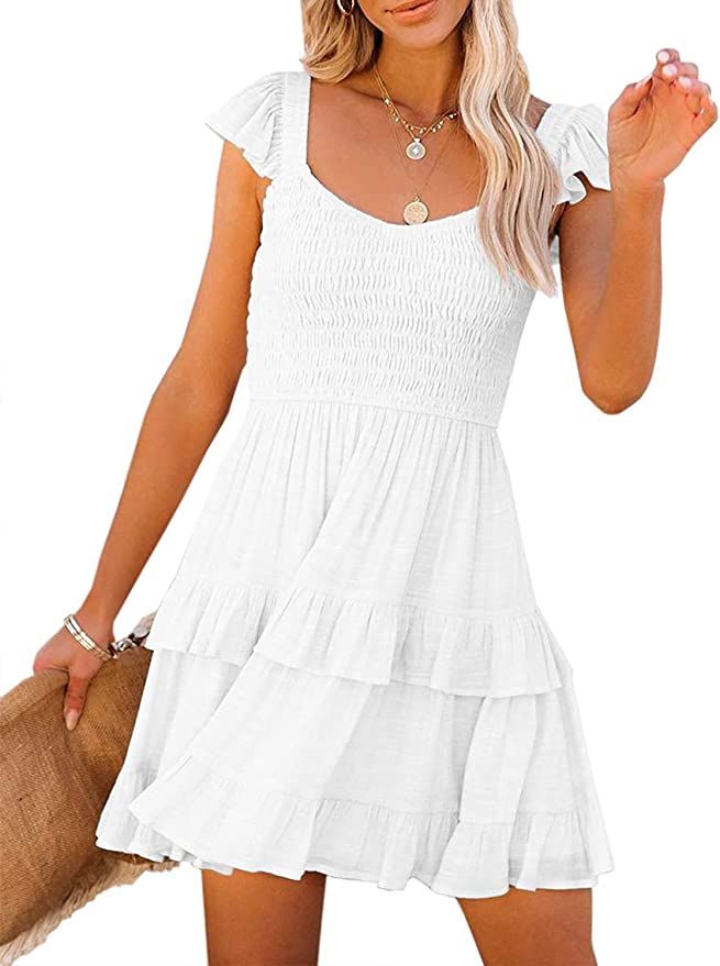Women Summer Dresses Casual Boho Smocked Ruffle Sun Beach Babydoll Mini Dress Layered Flowy Swing... | Amazon (US)