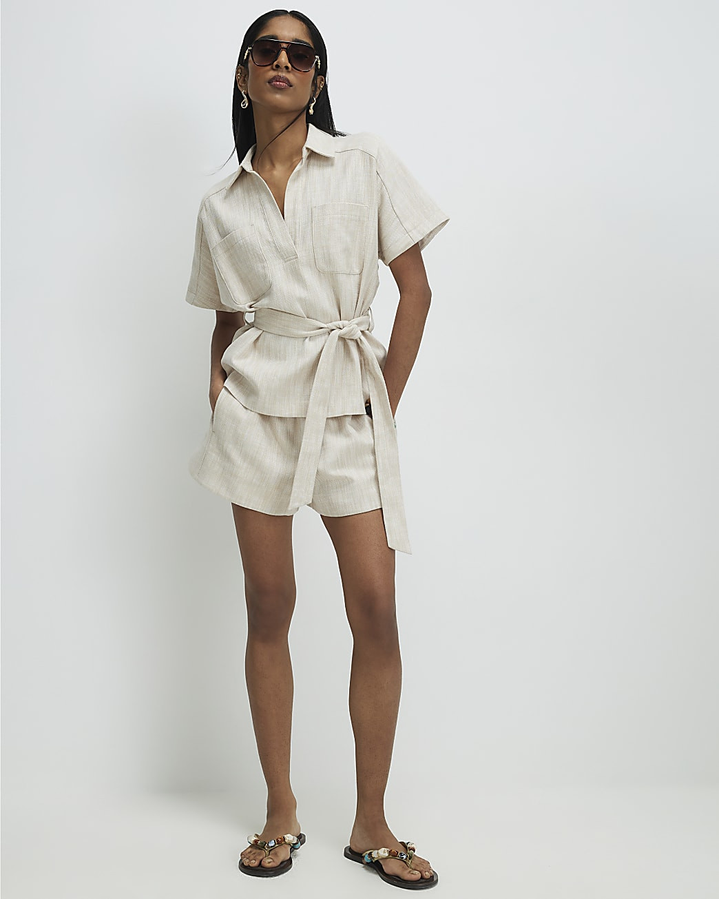 Beige Cotton Elasticated Waist Shorts | River Island UK & IE