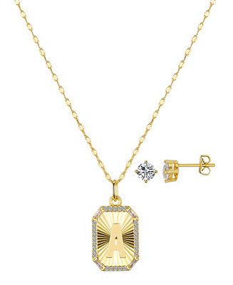 Unwritten Cubic Zirconia Initial Pendant Necklace and Stud Earring Set - Macy's | Macy's