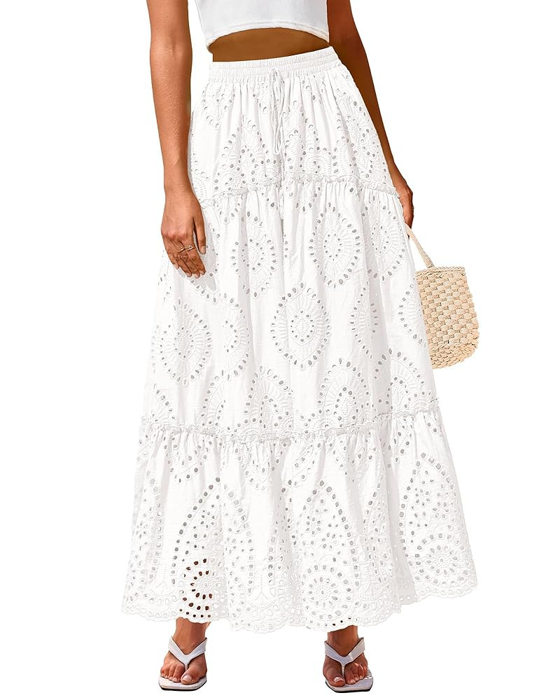 BTFBM Women's Boho Casual Skirts Summer 2025 Lace Embroidery Eyelet Elastic Waist Flowy Tiered A-... | Amazon (US)