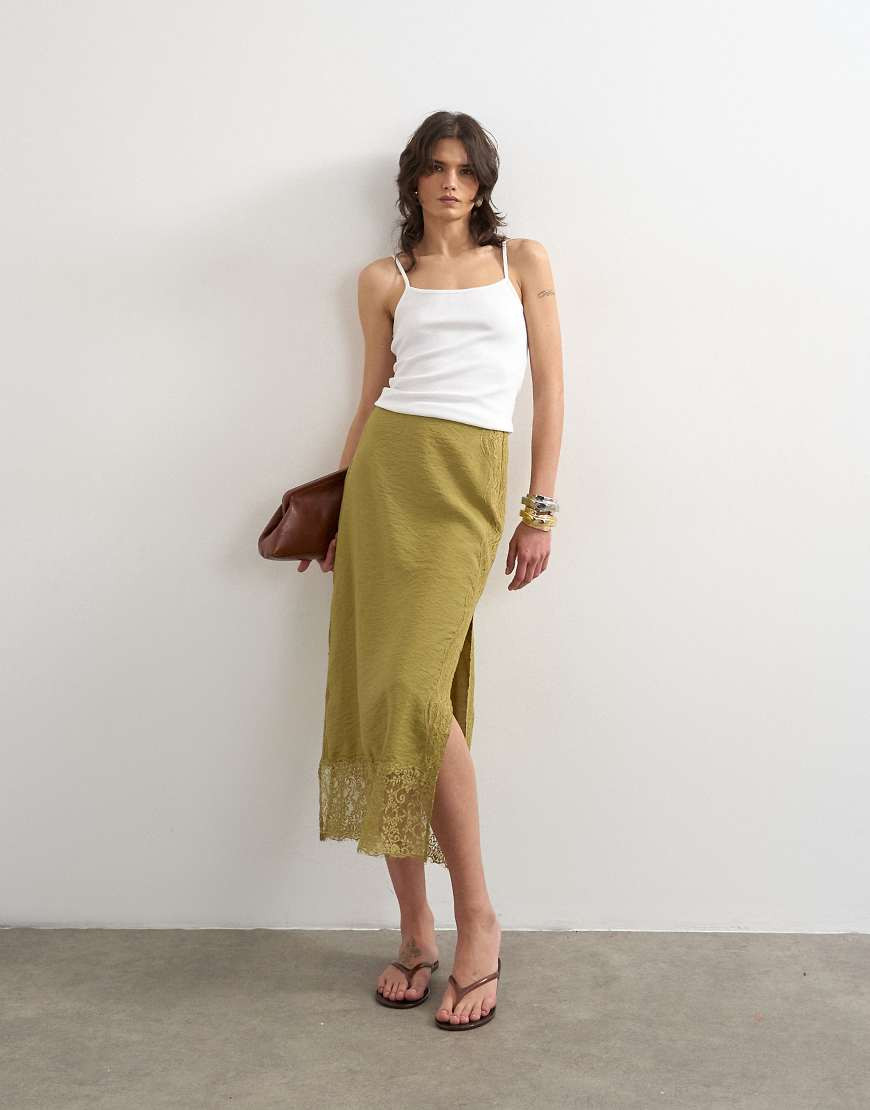 Topshop lace trim maxi skirt in olive green | ASOS (Global)