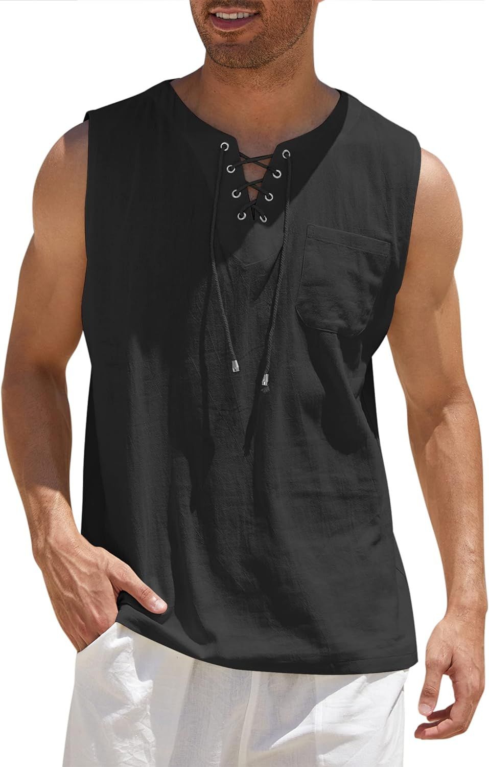 COOFANDY Men's Cotton Linen Tank Top Shirts Casual Sleeveless Lace Up Beach Hippie Tops Bohemian ... | Amazon (US)