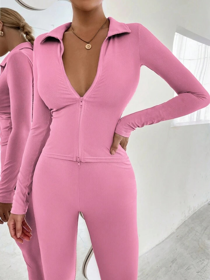 SHEIN Essnce Zip Up Ribbed Knit Jacket & Leggings | SHEIN