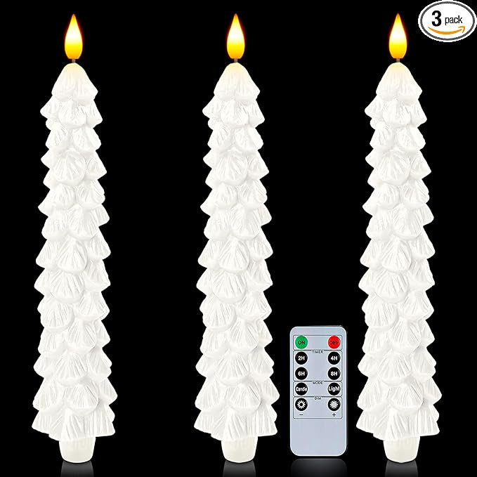 Homemory 3 Pcs Christmas Tree Candles with Remote, Waxy Flameless Taper Candles Flickering, White... | Amazon (US)