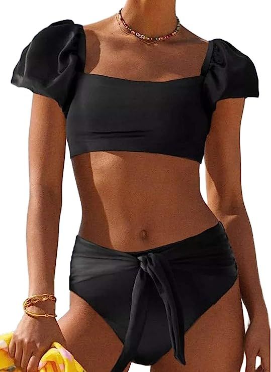 Dokotoo Womens Cute Solid Bubble Sleeves High Waisted Two Piece Bikini Swimsuit | Amazon (US)