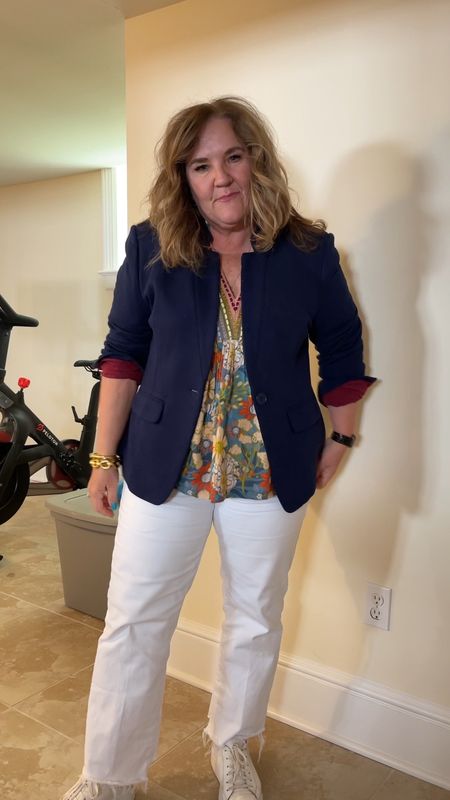 Travel outfit today. All my athleisure was dirty as I head home. 

White jeans size 14. Nice stretch. Very comfy. Use my code NANETTE15 for 15% off your avara order 
Blazer 20% off with code NANETTE20. Big sale at Gibson look! 
Top size L

Sneakers. Linking similar  