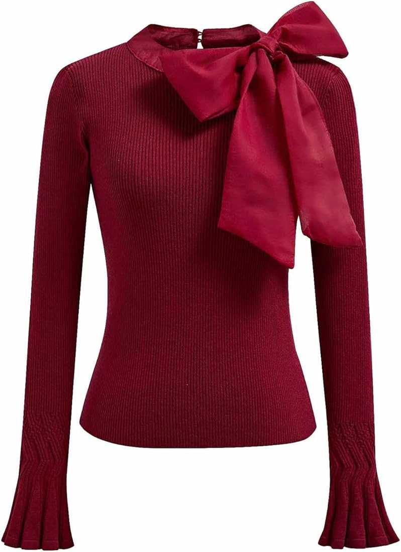 CHICWISH Women Bow Tied Long Sleeve Knit Top Mock Neck Slim Fitted Elegant Blouses Top Solid Wrap... | Amazon (US)