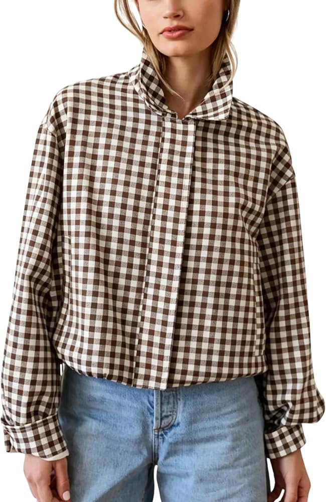 Esmeling Women Gingham Zip Jacket Stand Collar Drawstring Hem Plaid Shacket Cropped Outwear with ... | Amazon (US)
