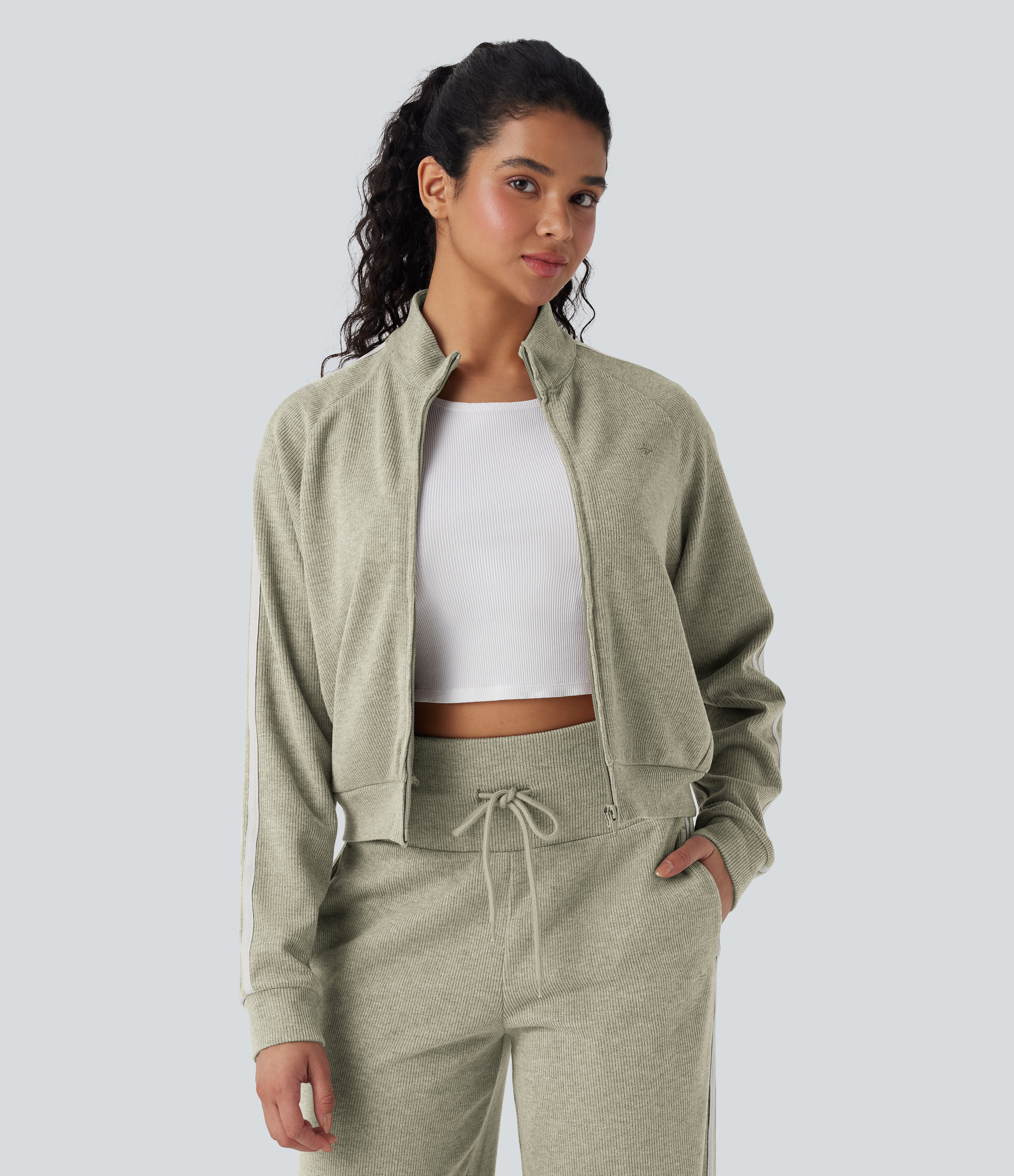 Halara Ribbed Stand Collar Long Sleeve Zipper Color Block Casual Jacket with Pockets - Pebble Knit - S | HALARA