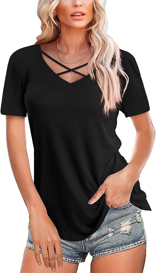 Amoretu Womens' Top Shirts with Short/Long Sleeve Criss Cross V Neck | Amazon (US)