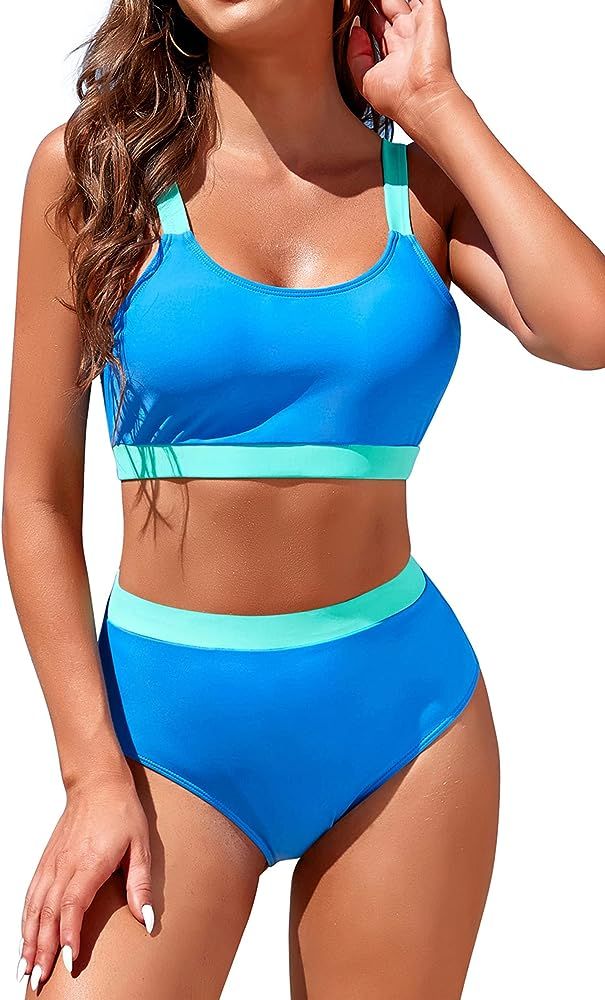 Womens High Waisted Bikini Sets Sporty Crop Top Color Block Swimwear Bandeau Scoop Neck Vintage Two  | Amazon (US)