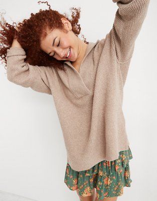 Aerie CozyUp Waffle Sweater Hoodie | American Eagle Outfitters (US & CA)