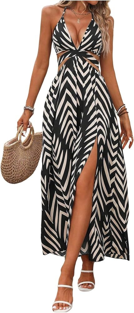 SOLY HUX Women's Tie Backless Cut Out Halter Dress Deep V Neck High Split Long Flowy Dresses | Amazon (US)